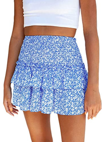 seiveini Faltenrock Damen Röcke Sommer Boho Blumen Rock mit Rüschen Kurz Plisseerock Hohe Taille Elastische Sommerrock A Linie Falten Minirock Strandrock A Hellblau M