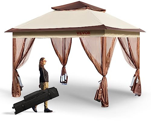 VEVOR Gazebo de Jardín 334x334 cm Cenador de Patio con Mosquitera Emergente para 8-10 Personas con Estructura de Metal, Lona Oxford 250D Revestida de PU, Refugio Exterior para Césped, Patio Trasero