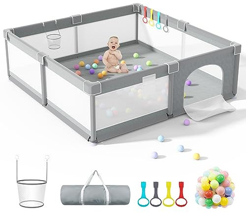 HEIZO Laufstall Baby, 150x180cm Laufgitter Baby Faltbar XXL mit Atmungsaktivem Netz und Reißverschluss, Innen&Außen Laufstall Baby Playpen mit 30 Spielbällen und 4 Ringe für Kinder