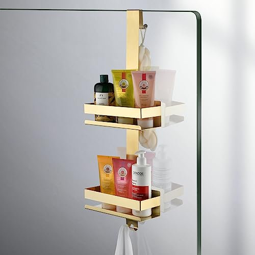 Beelee Panier de douche doré à suspendre, organiseur de douche à suspendre sur porte de salle de bain avec support à 2 niveaux et crochets, peut contenir du gel douche, du shampooing, du savon, du