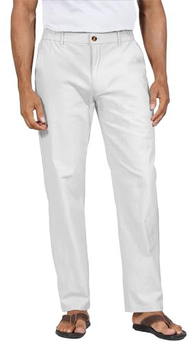 YAOHUOLE Leinen Hose Herren Strandhose Herren mit Taschen Leinenhose Lang Weiß M