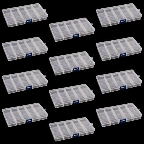 DAKFOOK 12 Pack 15 Grid Bead Organiser Storage Box,17.3x9.8x2.3cm Transparent Craft Bead Storage Boxes with Removable Compartments,15 Compartment Bead Divider Box for Crafts Sewing Art Diamond Screws