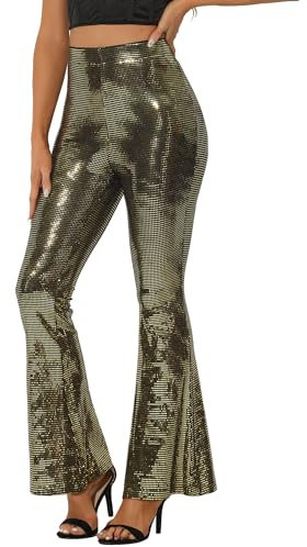 Allegra K Damen Pailletten Hose Glitzernde Stretch Lang Schlag Hose Gold XS