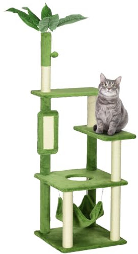 PawHut Árbol Rascador para Gatos Grandes de 142 cm Torre para Gatos de Interior con Postes de Sisal Plataformas Hamaca Hojas y Bola de Juguete 49x49x142 cm Verde