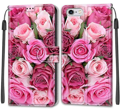 KENHONER Wallet Case for iPhone 6 / 6s, leaves and roses | PU Leather Shockproof Protective, Kickstand, Flip Wallet, Magnetic Closure,Lanyard