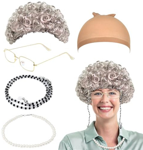 Orgoue 5 Stück Oma Perücke Kostüm Set, Old Lady Kostüm Zubehör Granny Großmutter Cosplay Zubehör Alte Dame Cosplay Set Mit Perücke Kappe Oma Brille Ketten Armband Perlenkette Für Karneval