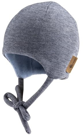 Sterntaler Beanie Mütze in Melange Optik mit dezentem Streifen - Neugeborenenmütze mit angeschnittenen Ohrenklappen und Bindeband - Unisex Babymütze, gefüttert mit Baummwollfleece - Marine, 45