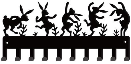 SUPERDANT Porte Manteau Mural Lapin Mural Lapin Animal Crochets pour Clés Décoratives Murales 10 Crochets Organisateur de Clés en Métal Noir Rangement en Rack