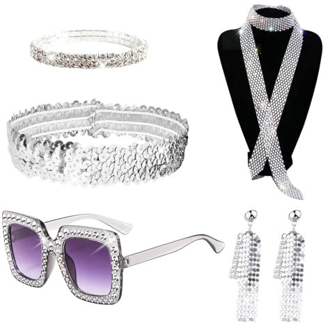 XNIVUIS 5 Stück 70er Jahre Disco Zubehör,Disco Accessoires mit Pailletten Schal Ohrringen dickem Rahmen Sonnenbrille Armband und Stirnband für Damen 70er Jahre Glitzer Disco Kostüm (Silber)