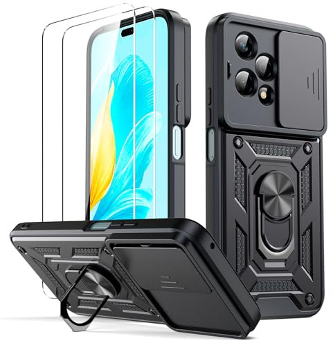Oududianzi - Coque pour Honor 200 Lite, [2 Protecteur Verre Trempé] avec Couvercle Coulissant de Caméra, Support d’Anneau Rotatif, Coque de Protection Antichoc Anti-Rayures - Noir