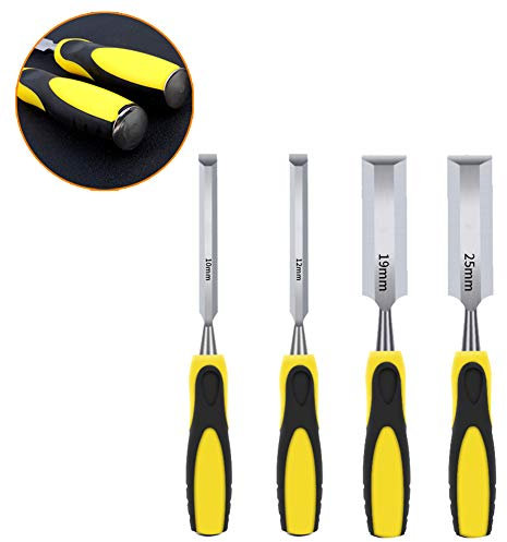 GLJTUO Wood Chisel Set 4 Pieces,Wood Woodworking High Carbon Steel Anti Slip Grip Striking Cap Chisel Set 10,12,19,25mm