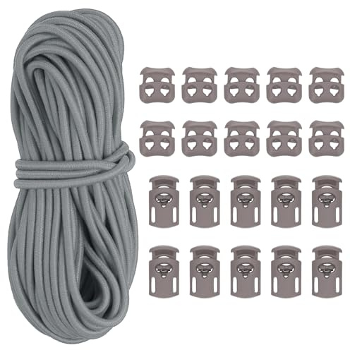 PATIKIL 16 Yard Elastic Bungee Cord & Single Hole Cord Lock & Double Hole Spring Toggle Stopper für Paracord Zugband Schnürsenkel Kleidung Rucksack Taschen, Grau 21er Pack