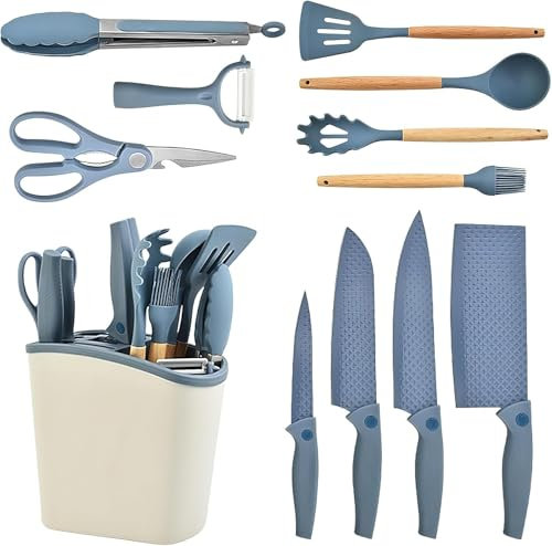 Set d'ustensiles de cuisine 12 en 1 avec couteau et support en acier inoxydable, cuillères de cuisine en silicone antiadhésif avec manche en bois, meilleurs gadgets d'ustensiles de cuisine (bleu)