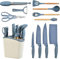 Küchenutensilien Set, 12-in-1 Kochutensilien Set mit Edelstahl Messer und Halter, Antihaft Silikon Kochlöffel Utensilien Sets mit Holzgriff, Bestes Küchenwerkzeug Gadgets (Blau)