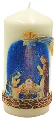 Dekohelden24 Handgemachte, Hochwertige 3D Stumpenkerze, Altarkerze, Kerze Christi Geburt, Christliche Kerze mit aufwendigen Heilige Familie Dekor in Creme, Größe: B/H ca 7 x 15 cm.