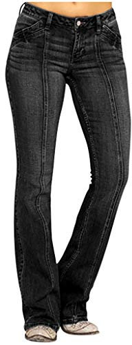 Jean femme bootcut stretch décontracté jeans skinny jambe large evasé hanche jean flare taille basse coutures sur le devant pantalon fluide elatisque couleur delavé denim classique pants (Black, XXXL)