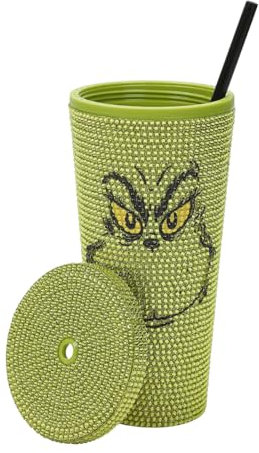 The Grinch Big Face - Bicchiere in plastica con strass verdi, 680 ml