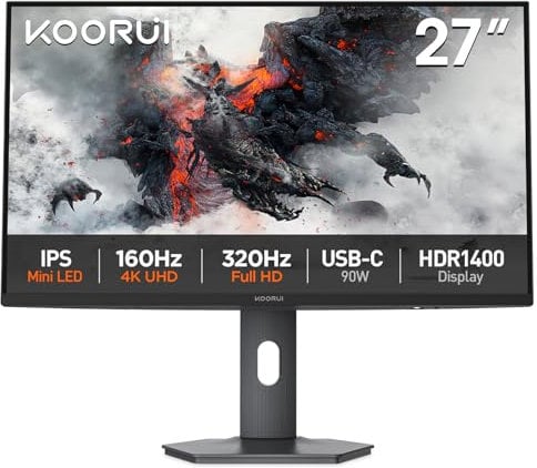 KOORUI S2741LM 27 Inch 4K Gaming Monitor, 160Hz+UHD/320Hz+FHD, Mini-Led IPS, 1ms, HDR 1400, Adaptive Sync, Lifting Adjustable, VESA Mountable, USB/Type-C, 99% SRGB