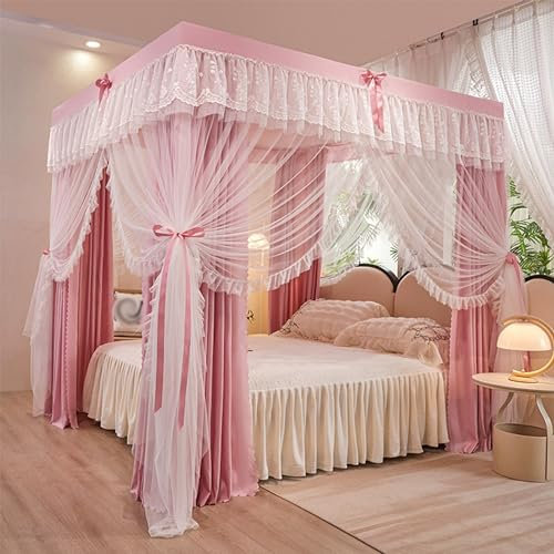 Rideau à baldaquin de lit princesse en dentelle luxueuse à volants aux 4 coins, élégant rideau de lit double couche confortable for rideaux de lit double, queen, king size(Peach Pink,180x200cm/Queen)