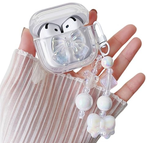 MINSCOSE Kompatibel mit AirPods 4 Hülle,Niedliche 3D Kristall Schleifenknoten Muster Design mit Bling Herz Perlen Schlüsselbund,Weiche TPU Stoßfest Schutzhülle für Frauen Mädchen für AirPods 4