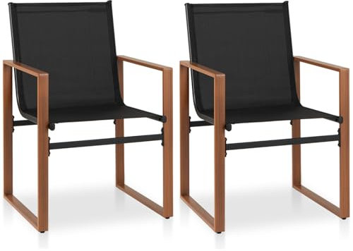TANGZON Garden Chairs Set of 2, Breathable Outdoor Dining Chairs with Backrest & Armrests, Metal Frame Leisure Armchairs for Patio Poolside Backyard Deck