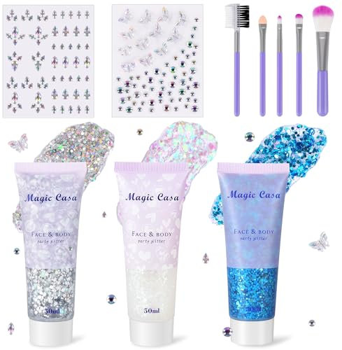 DazSpirit 3pcs Gel Paillettes Visage avec 2x Strass Visage et Pinceau, DIY Strass et Paillettes Festival pour la Visage, Gel Maquillage pour Festivals, Make Up, Face, Corps (blanc, argent, bleu)