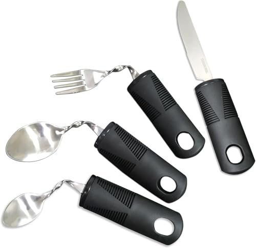 Parkinson's, Seniors & Disabled Cutlery Set - Ergonomic Cutlery with Curved Thickened Handle, Flexible & Non-Slip, Includes Spoon, Knife, Fork