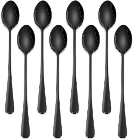 7.5 Inches Black Coffee Stirring Spoons Set,Set of 8 Stanless Steel Iced Teaspoons,Long Handle Mixing Spoons for Cocktail and Sundae,Long Ice Cream Spoons