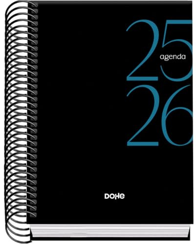 Dohe - Schulagenda 2025 2026 - Eine Seite pro Tag, Größe A6 (12x17 cm), Spanisch und Englisch, September bis Juni, Spiralbindung, Hardcover - SYSTEM Schwarz