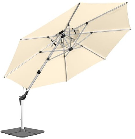 anndora Alu Ampelschirm 400 cm mit Kurbel – runder Sonnenschirm 360° drehbar, schwenkbar & neigbar – wetterfest & UV-Schutz – inkl. Standkreuz + 4 Betonplatten 100 kg (Natural)