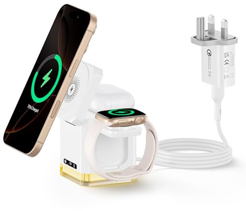 4 en 1 Base Cargador Inalambrico Magnetico para iPhone y Apple Watch, 15W Cargador Inalámbrico Portatil con Apple AirPods/iWatch Charger Compatible con iPhone 16/15/14/13/12,iWatch 10/9/8/6/Se,AirPods