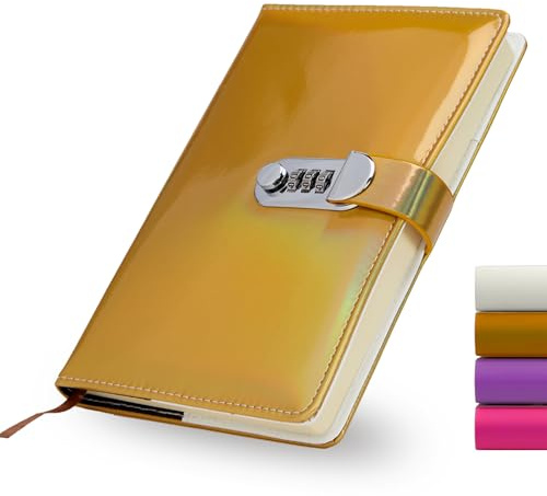 Amythe Cuaderno A5 con Bloqueo por Contraseña, Diario Seguro 240 Páginas, Cubierta Piel PU Impermeable, Libreta de Notas con Candado Numérico, 14.5x21.5cm, Amarillo