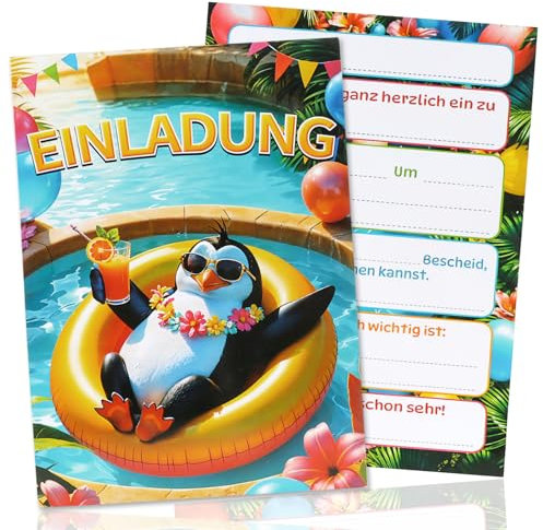 SolWonder Einladungskarten Kindergeburtstag (12 Stück)– Pool Party Einladungen mit Süße Pinguin - Motiv für Mädchen und Jungen - Geburtstag Einladungen Schwimmbad Party