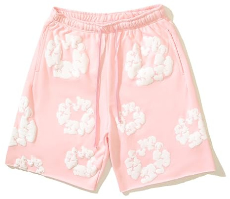 Hip Hop Shorts pour Homme Fleurs Imprimer Y2K Baggy Short Coton Jogging avec Poches Short Teens Garcon