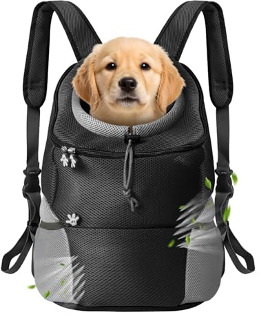 Bojury Pet Dog Carrier Backpack, Small Dog Cat Front Backpack, Breathable Adjustable Puppy Carrier with Safety Belt for Travel Hiking Cycling Walking Outdoor Black L