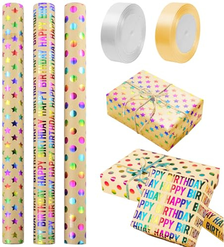 3 Rouleaux de papier cadeau d'anniversaire, Imprimé « Happy Birthday », Pois et étoiles, Idéal pour Décorer des Cadeaux d'anniversaire, de Festival, de Mariage ou de Fête (43 cm x 3 m)