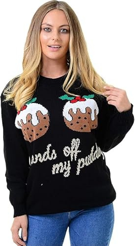 Women’s Funny Christmas Jumper – “Hands Off My Puddings” Knitted Xmas Sweater, Two Cupcakes Design, Crew Neck Long Sleeve Novelty Winter Pullover (UK, Numeric, 12, 14, Regular, Regular, Black)