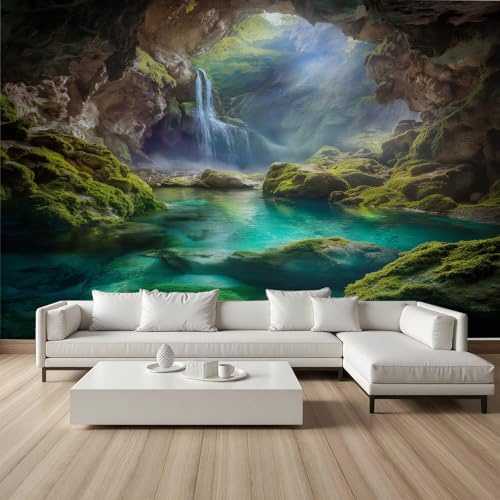 Vliestapete Höhle Wasserfall See Fototapete Natur Moos Landschaft Tapeten 3D Effekt Wandtapete Vlies Tapete Wohnzimmer Panorama Wandbilder Kinderzimmer 350x256 cm