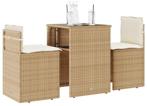 Bucmath 3-TLG. Bistro-Set Beige, Poly Rattan Gartenmöbel mit Kissen, Outdoor-Sitzgruppe für Balkon, Terrasse, wetterfest, platzsparend, 110 kg Tragkraft