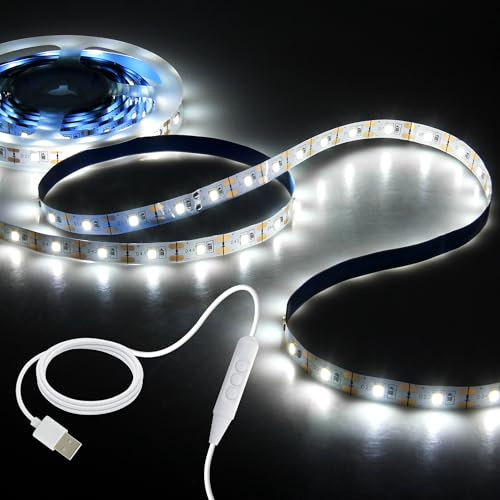 Aclorol Striscia LED da 5 m, luce bianca fredda, 6000 K, 300 LED, 5 V, dimmerabile, autoadesiva, con connettore USB, per TV, retroilluminazione, camera da letto, armadi, cucina, armadi, illuminazione