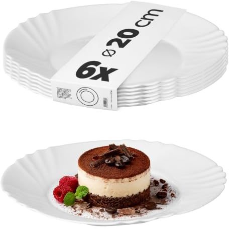KADAX Dessertteller ∅ 20 cm, 6er Set, einfacher Teller aus gehärtetem Glas, Kuchenteller, Salatteller, runder Frühstücksteller, Essteller, Spülmaschinenfest (Weiß)