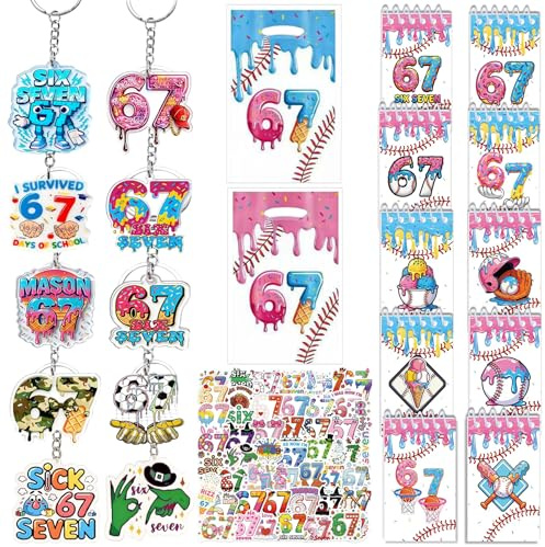 80 Pcs 6 7 Party Favors Gift Goodie Bags Fillers with Mini Notebooks, Keychain & Stickers, Funny 67 Six Seven Ice Cream Meme Birthday Party Decorations School Supplies (A)