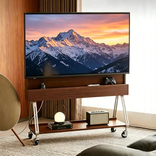 Support TV roulettes avec roulettes, Support TV sur Pied et Réglable en Hauteur pour Téléviseurs de 55 à 65 Pouces, Chariot TV Mobile avec Étagère pour la Maison, Le Bureau(Brown)