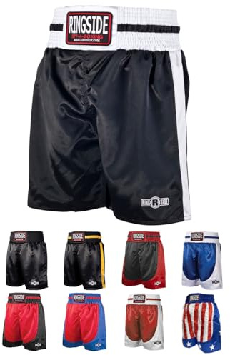 Ringside Pro-Style Boxing Trunks, Satin Boxing Shorts for Men and Women, Ideal for Boxing, MMA, Muay Thai, Black/White, Youth Small