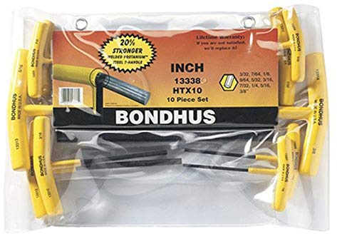Bondhus 13338 Set of 10 Hex T-handles, sizes 3/32-3/8, Multicolor, One Size