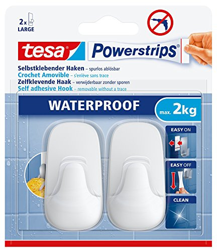 tesa Powerstrips Haken Waterproof L - Weiß - 2 kg Halteleistung | 2 selbstklebende, wasserfeste Wandhaken aus Kunststoff - für Feuchträume, Fliesen und Glas - spurlos ablösbar