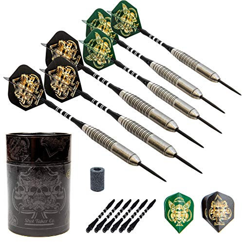 Professionelles Dart-Set mit Edelstahlspitzen, 6 Edelstahl-Barrels 22 g, 6 Aluminium-Schäfte 48 mm, 8 Flight-Standards, 1 Dart-Schärfer, 1 stilvolles Etui (schwarzer Totenkopf) 22 g