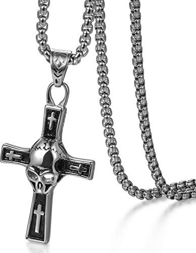 Flongo Herren-Kette Männer Anhänger Halskette Rosenkranz Kette Silber Schwarz Kreuz Kruzifix Totenkopf Schädel Venezianierkette Herrenketten Motorradfahrer Biker Herren-Accessoires