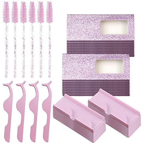 80 Pieces False Eyelash Storage Box, Pink False Eyelash Tool Set Empty False Eyelashes Eyelash Brush Case Eyelashes Clip Cosmetic Tools (Pink)