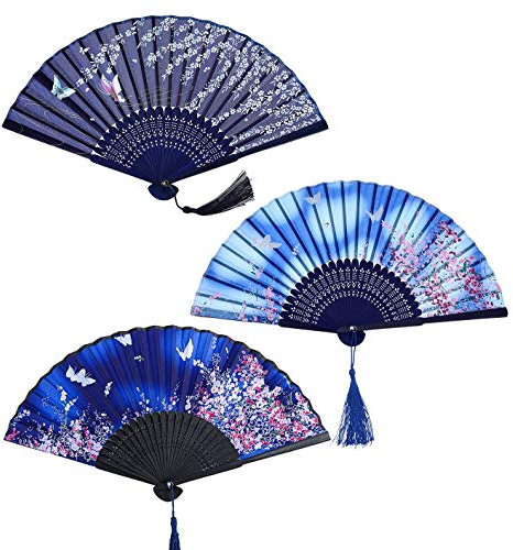 Ventilateurs Pliables,3 PCS Evantaille Espagnol Ventilateurs en Bambou Ventilateurs Portatif en Soie Ventilateurs de Poche Ventilateurs de Danse Japonais pour Décoration Murale Cadeau de Mariage